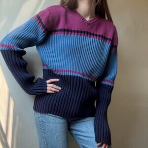 Vintage BKLE 90s Stripe Ribbed V-Neck Sweater Large Y2K Preppy Colorblock